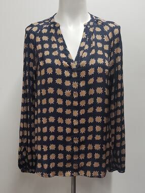 Boden V Neck Long Sleeve Blouse Navy Tan Starburst Print Women's Size 4 Office